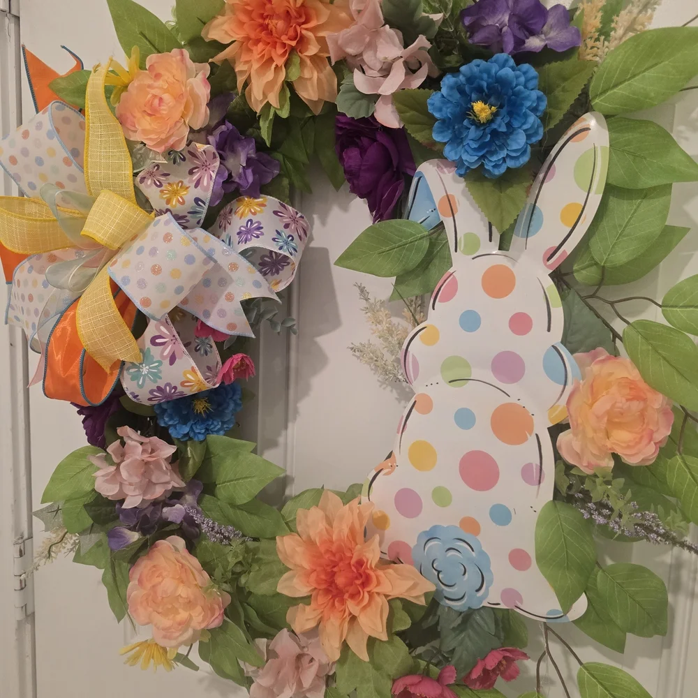 Colorful Floral Easter Wreath with Bunny
